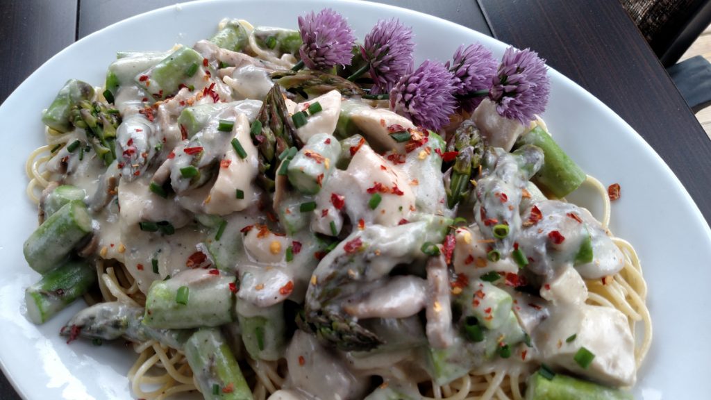 Angel Hair Pasta with Swiss Cheese, Chicken and Asparagus Cook'n with